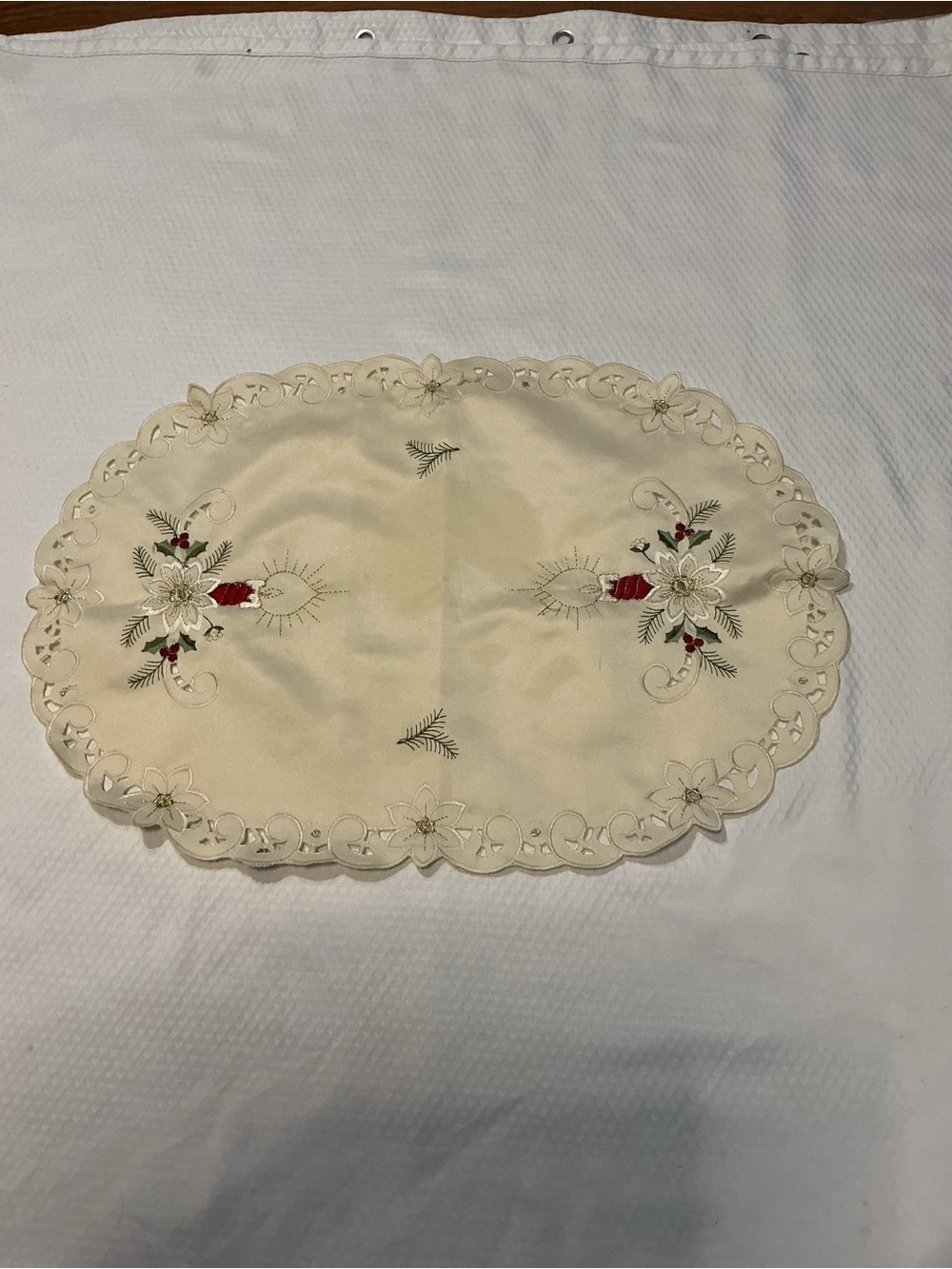 Cream Embroidered Oval Table Runner with Red and Green Floral Motif